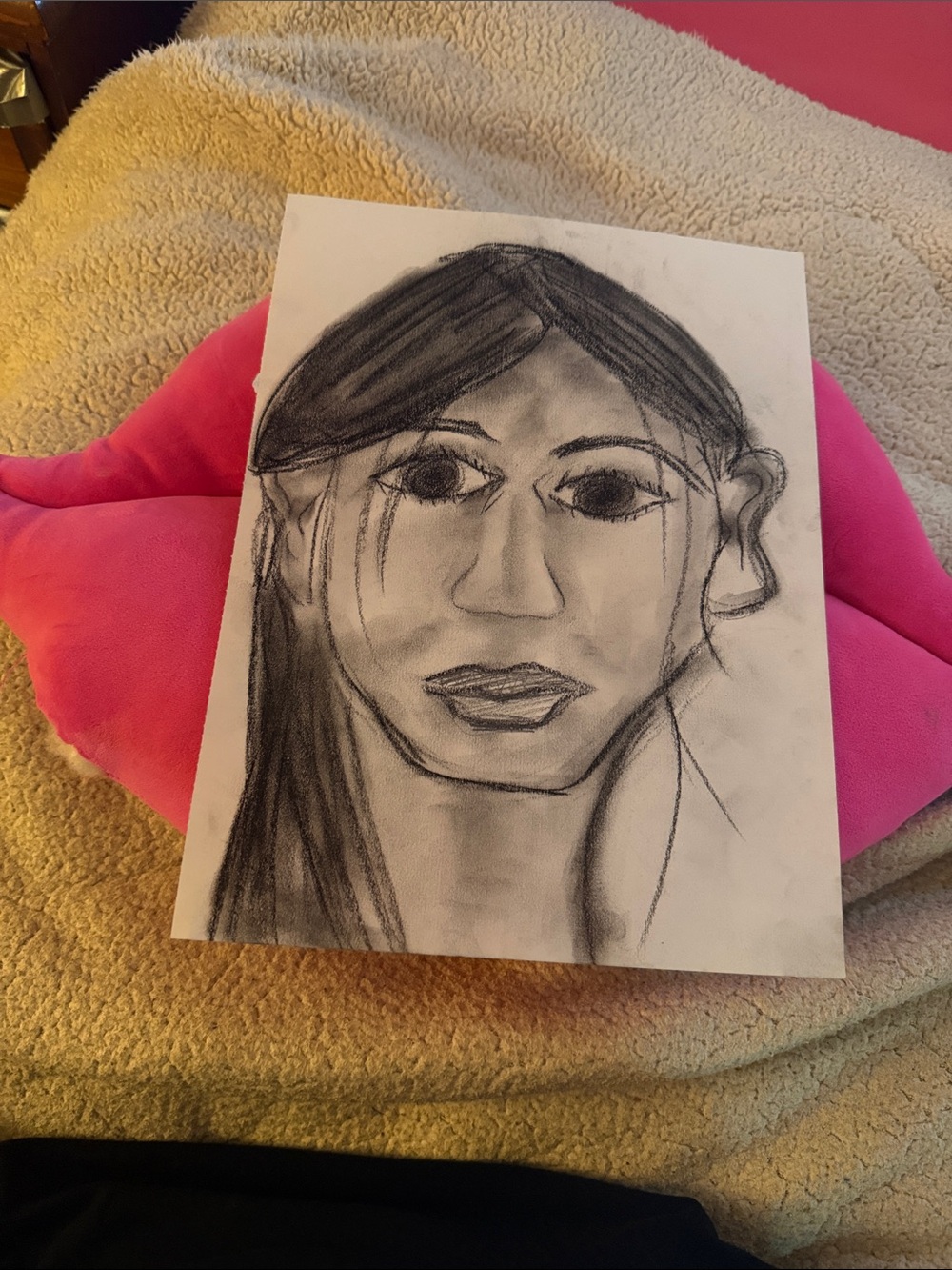 Hand-Drawn Charcoal Portrait on White Paper - Black